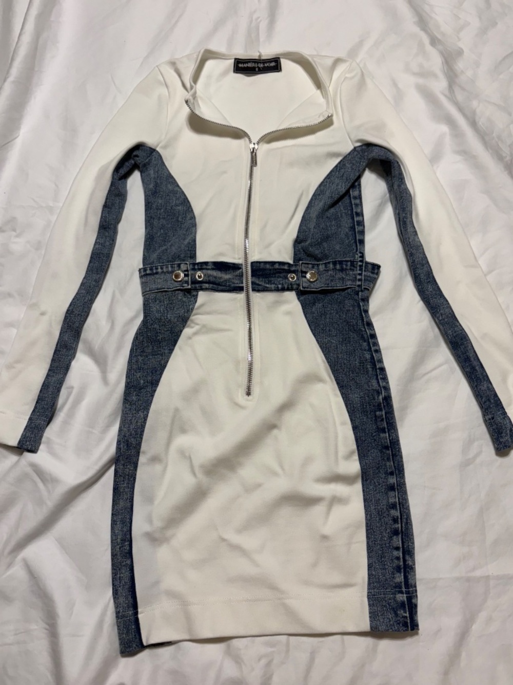 Manière De Voir Contrast Denim & Knit Long Sleeve Mini Dress Size 6 NWOT - Picture 3 of 6